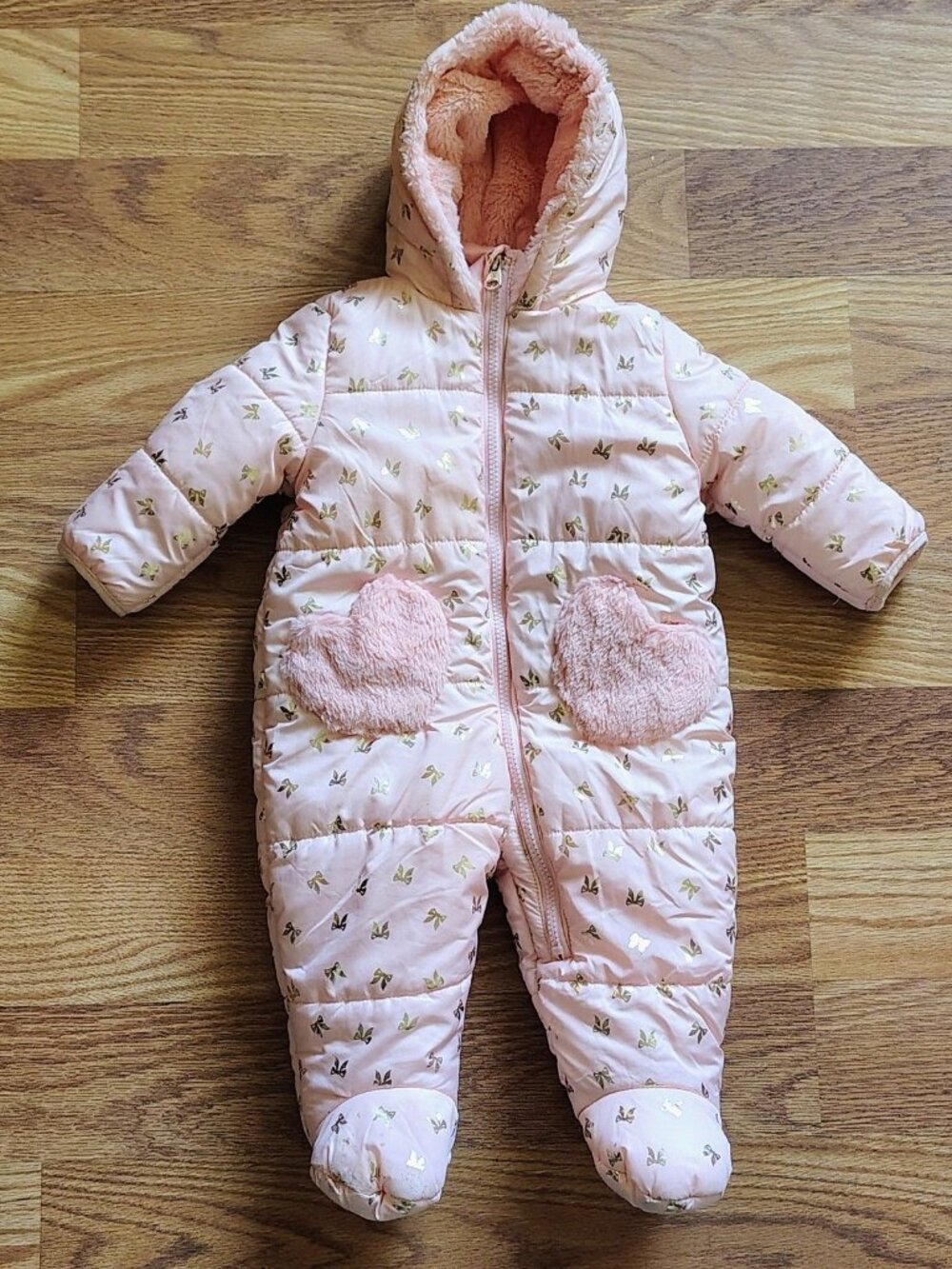 Jessica Simpson Baby Girl Pink Gold Bow Puffer Snowsuit Hooded One-Piece 6/9M